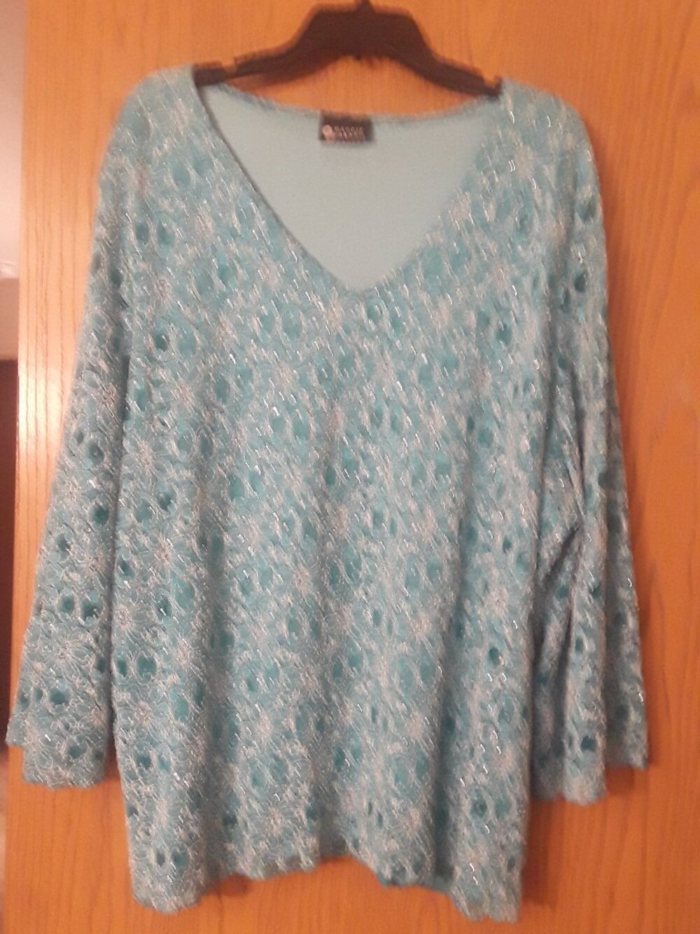 Vintage Maggie Barnes Floral Beaded Faux Crystal Top Teal Bell Sleeve 3X/4X
